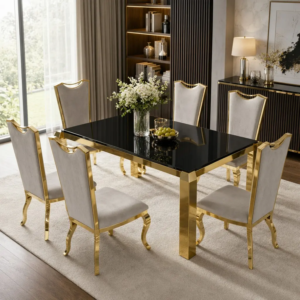 ARCH Furniture 63" Modern Luxury Full-Sized Heavy-Duty All-Metal Dining Room Table - 201 Stainless Steel PVD Plated, 10mm Thick Legs, Impact-Proof Black Tempered Glass, Seats 6, for Kitchen Use