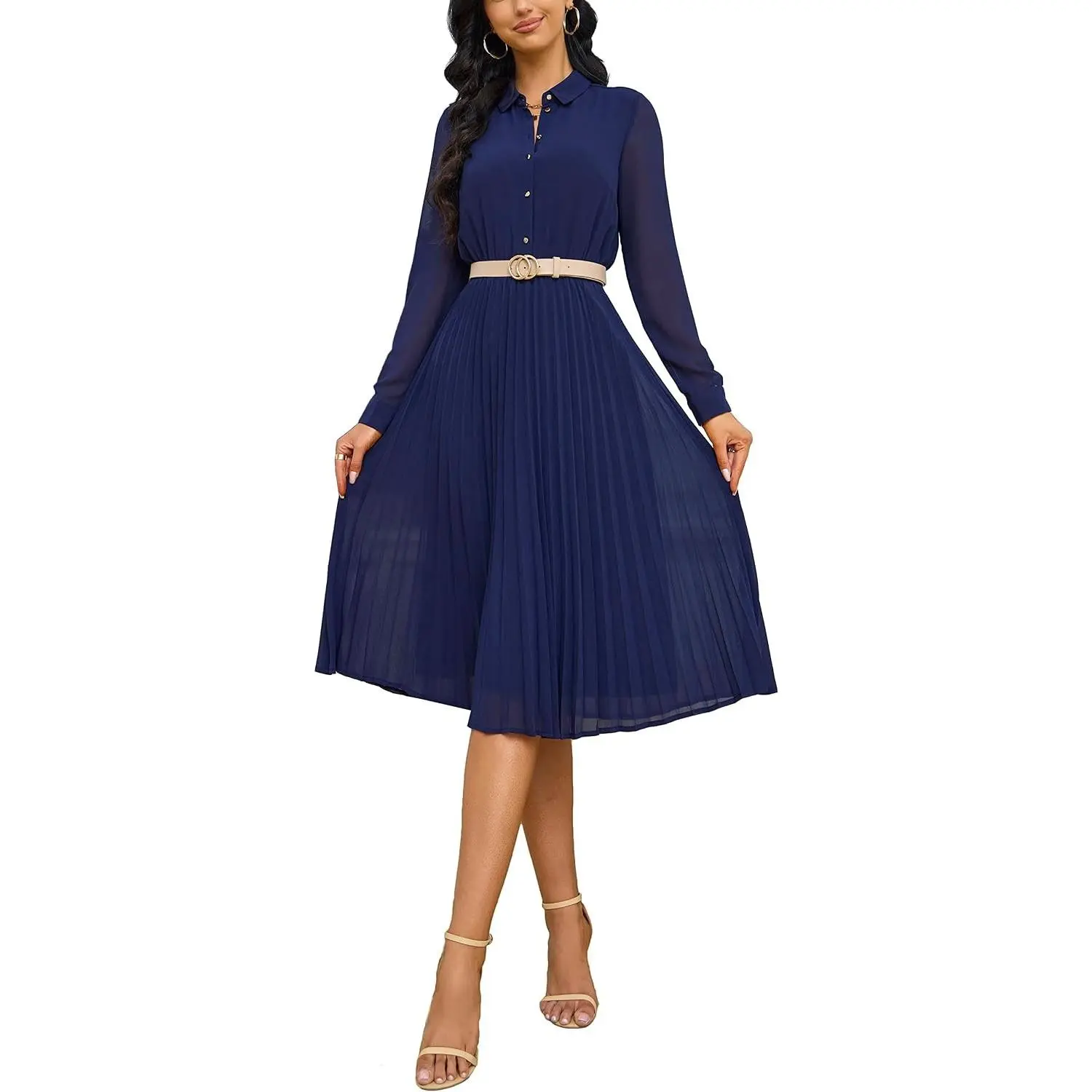 Women's Work Dress with Belt, Business Casual Midi Shirt Dresses Long Sleeve,Button Down Collared Chiffon Modest Dress for Office,Business,Church,Funeral,Wedding Guest,Flowy Pleated Skirt