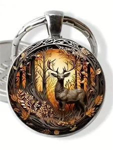 1 PC Fashion DIY Keychain with Reindeer Pattern, Round Glass Car Decoration, Perfect Gift for Men and Women, Ideal for Holidays and Events