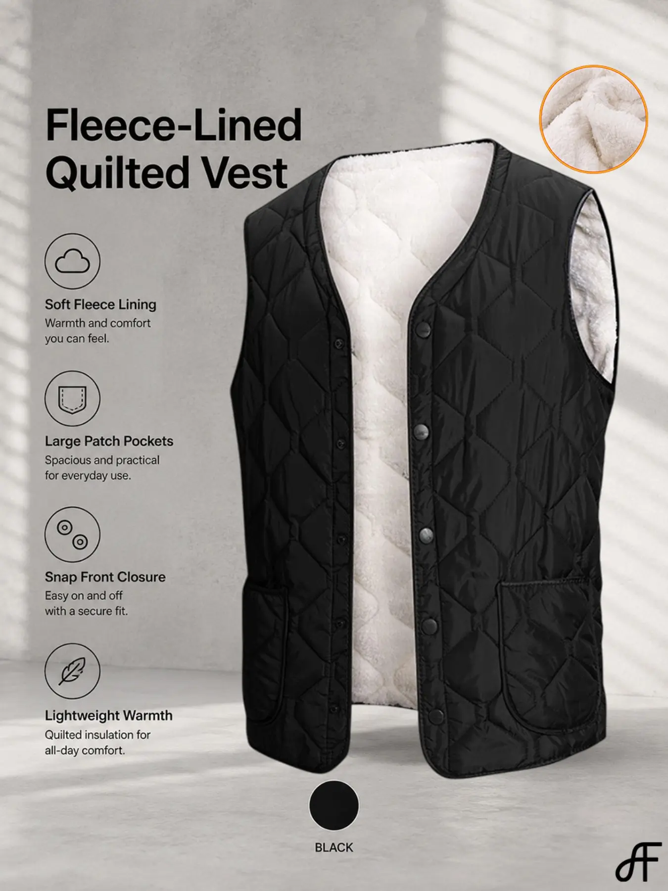 FF Men's Lightweight Fleece Lined Quilted，Vest Gilet V-Neck Sleeveless Jacket Snap Button Warm Outerwear with big Pockets for Hiking Casual Streetwear Work