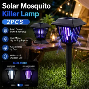 2PCS Solar Bug Zapper Outdoor Waterproof Garden Stake Light Modern Lantern Style, 2-in-1 LED Mosquito Zapper with Blue UV Zapping and White Lighting Modes, Auto On/Off, Ground Insert Design for Yard, Patio, Lawn, Garden, Porch, Pathway and Camping Use