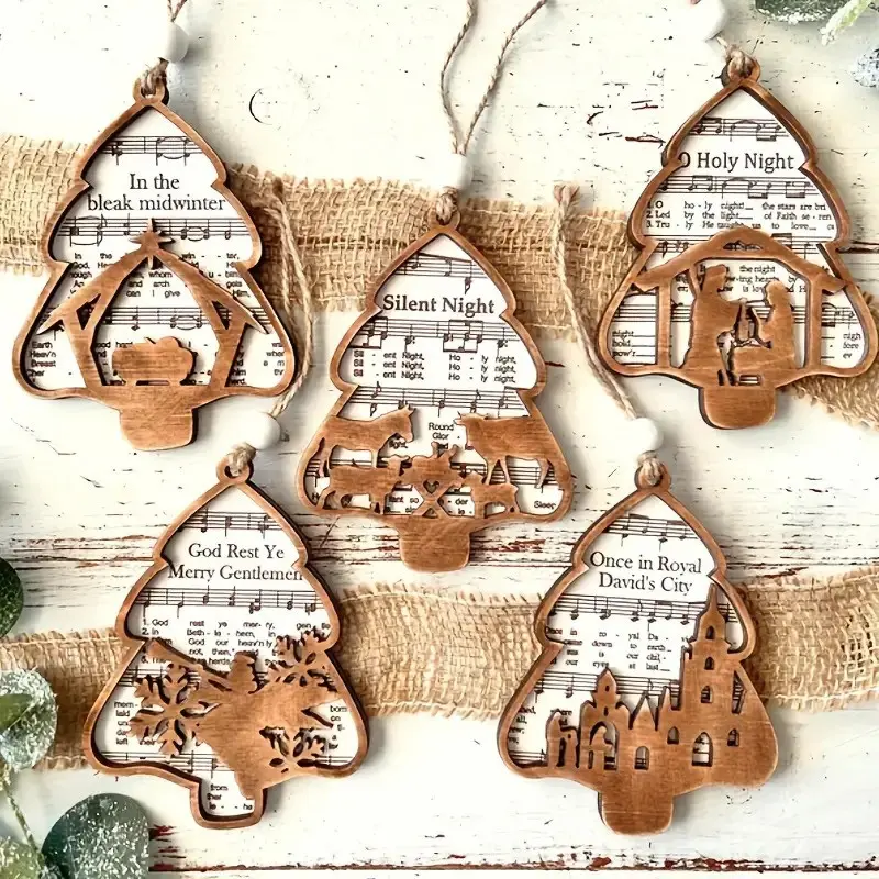 2D Printed Wooden Nativity Scene Tree Topper Set, Christmas Decorations, Vintage Resin Snowman Ornaments, No Power Required