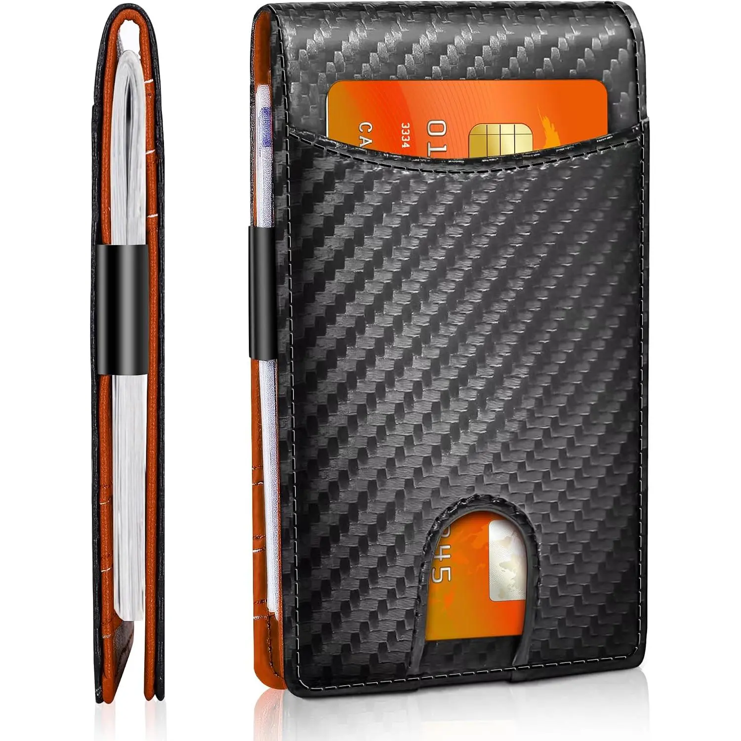 Men's Carbon Fiber Minimalist Slim Profile Bifold Wallet - RFID Blocking, Synthetic Material, Clip Fastener, Card Slots, Stylish Secure Functional (Color: Carbon Black&Orange)