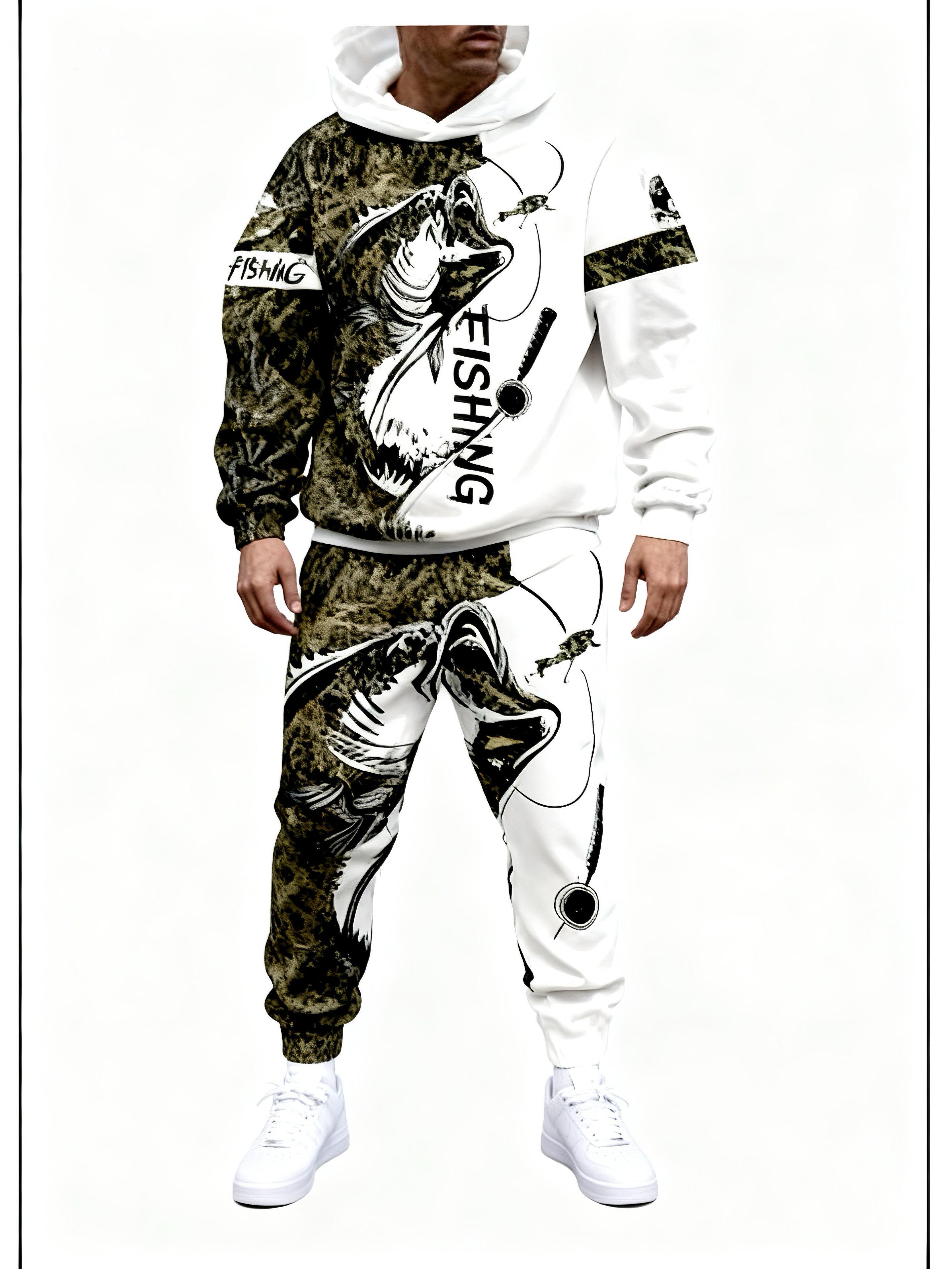 European and American men's digital printed hooded sweatshirt+pants set - salmon print camouflage splicing, fashionable running casual two-piece set