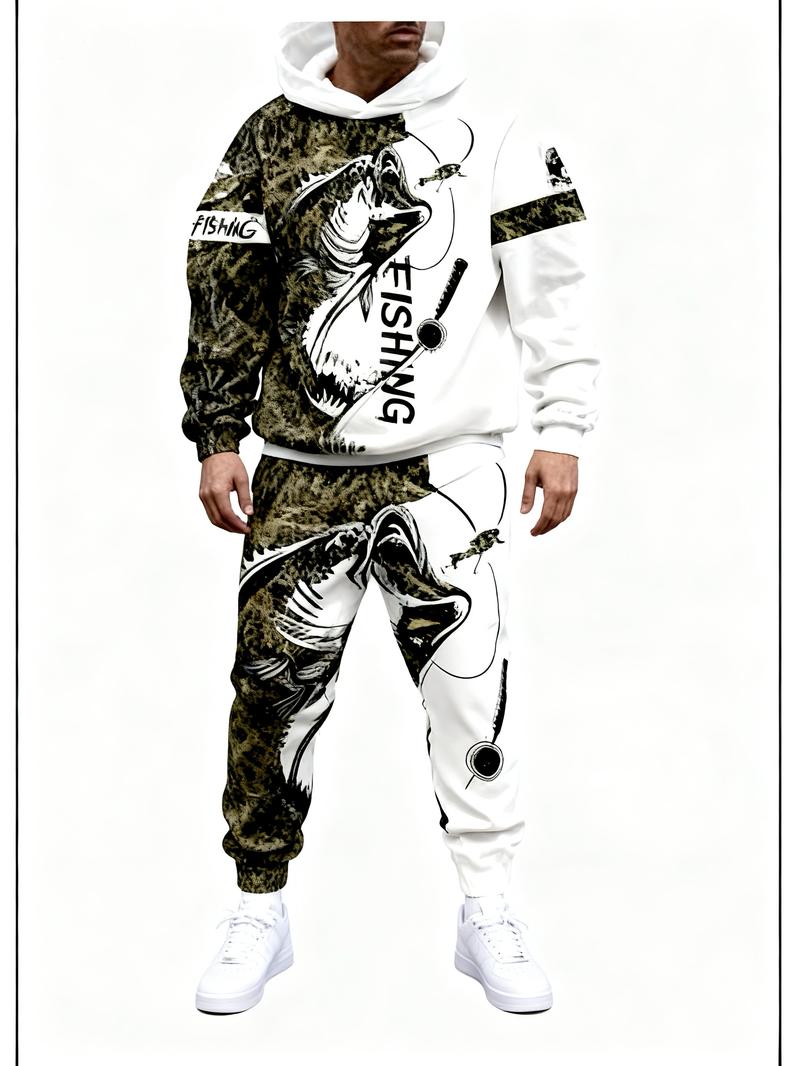 European and American men's digital printed hooded sweatshirt+pants set - salmon print camouflage splicing, fashionable running casual two-piece set