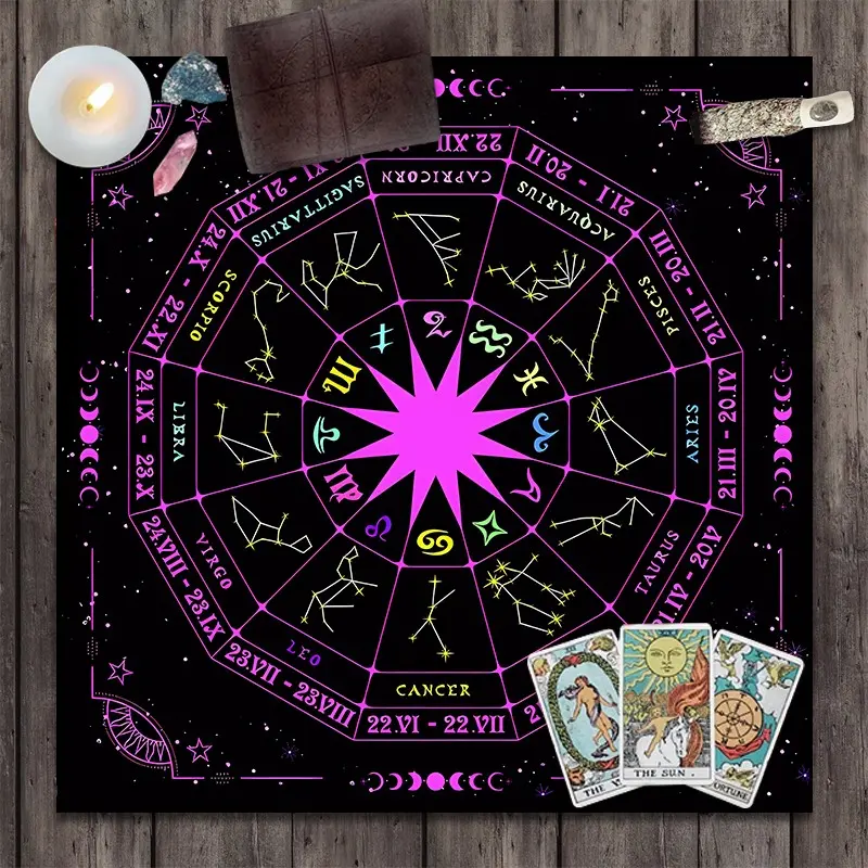 1pc Neon Purple Zodiac Constellation Tarot Cloth, 12 Star Signs Astrology Wheel Altar Cloth, Lunar Phase Starry Background Table Mat, Multi-use Wall Hanging Tapestry Room Decor