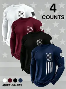 4-Pack Men's Round Neck Long Sleeve Flag Print T-Shirts, Casual Quick Dry Slight Stretch Tops for Gym, Running & Outdoor Activities