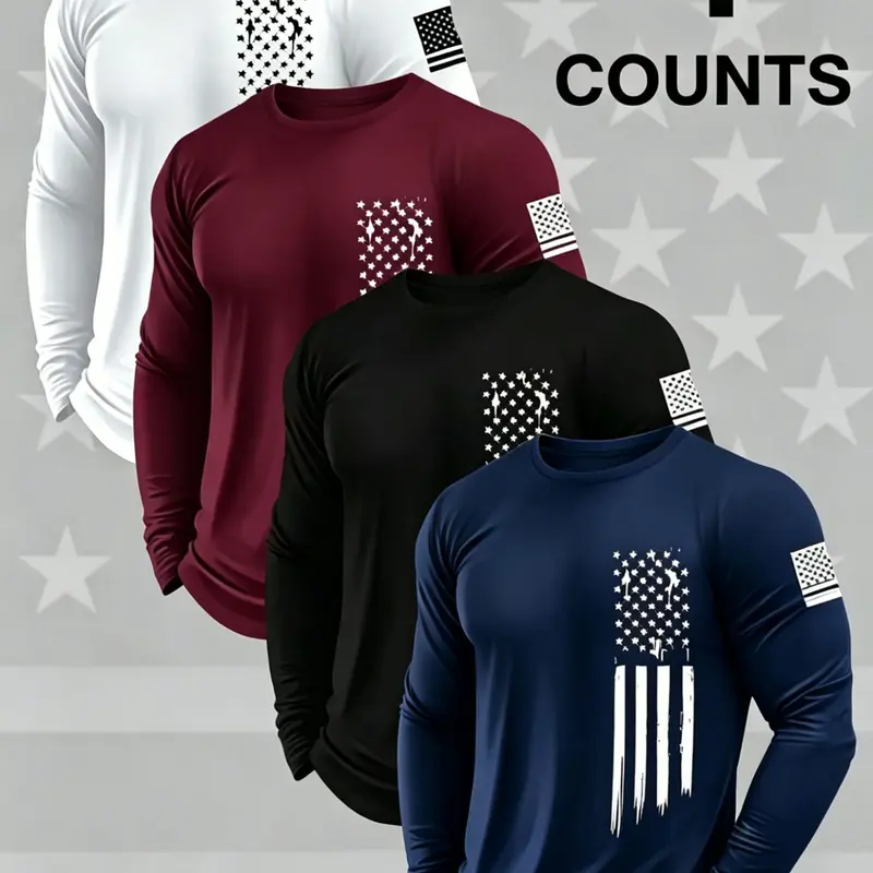 4-Pack Men's Round Neck Long Sleeve Flag Print T-Shirts, Casual Quick Dry Slight Stretch Tops for Gym, Running & Outdoor Activities, Casual Workout Shirts