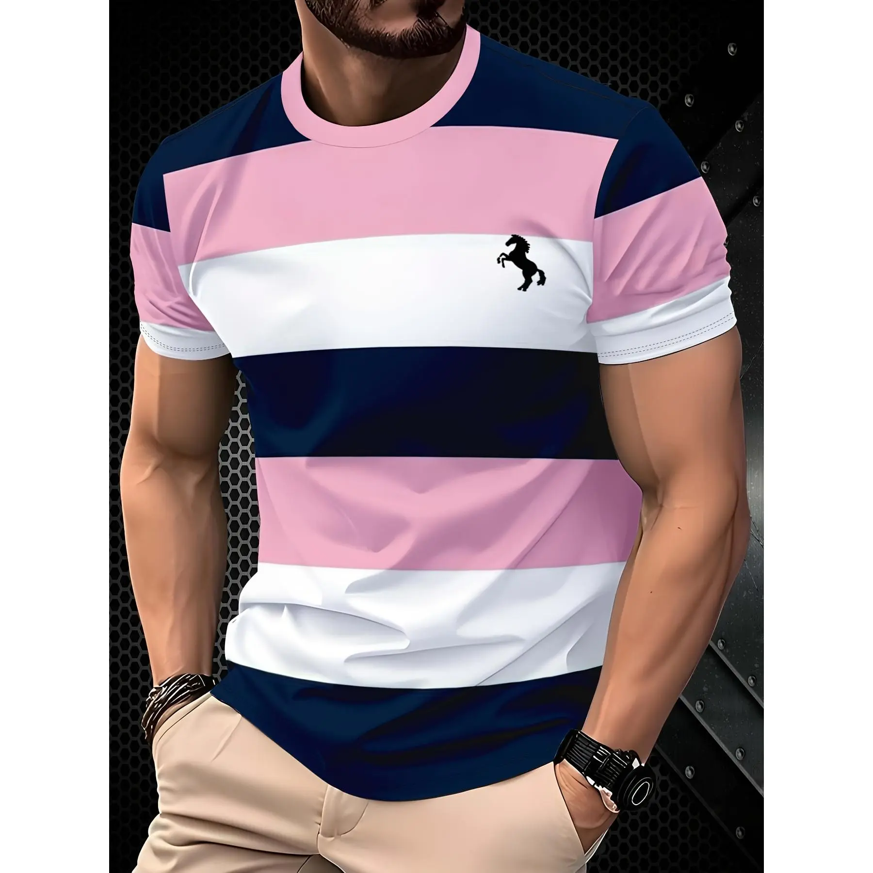 This polyester fiber men's T-shirt is a perfect combination of fashion and functionality. It is made of high-quality polyester fabric, offering excellent wear resistance and anti-wrinkle properties, and it can maintain its crisp shape even after multiple