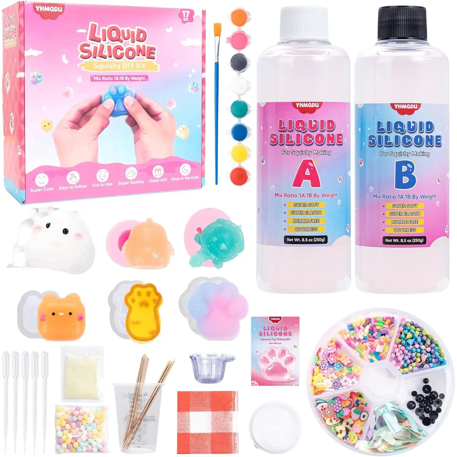 Taba Squishy Kit 17OZ - All-in-One DIY Squishy Maker Kit with 6 Cute Molds, Bubble Free,Fast Cure Flex Rubber, Flocking Powder, Guide - Stress Relief Gifts for Family,Friends