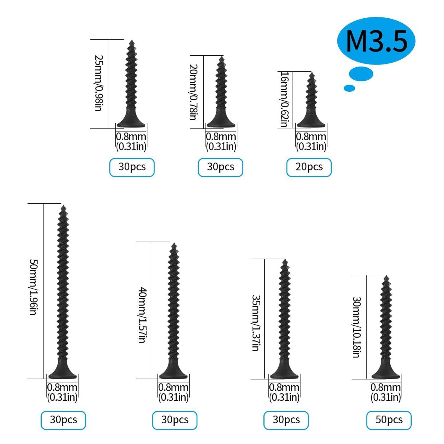 220-Piece Self-Tapping Screw Set, M3.5 Sizes, Flat Head Cross Philips, Carbon Steel, Durable, Ideal for Wooden Furniture, Wood Screws, Screws Assortment Kit, Hardware