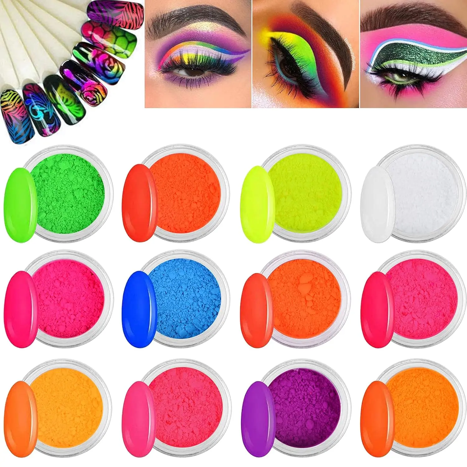Kalolary 12 Colors Pigment Nail Powder Fluorescent Powder, Color Nail Pigments Dust Nail Glitter, Neon Pigment Eyeshadow Powder for Face Body Makeup Nail Art Decoration,jelly,synthetic,diy,pedicure,flatback,bead,rhinestones,synthetic bead