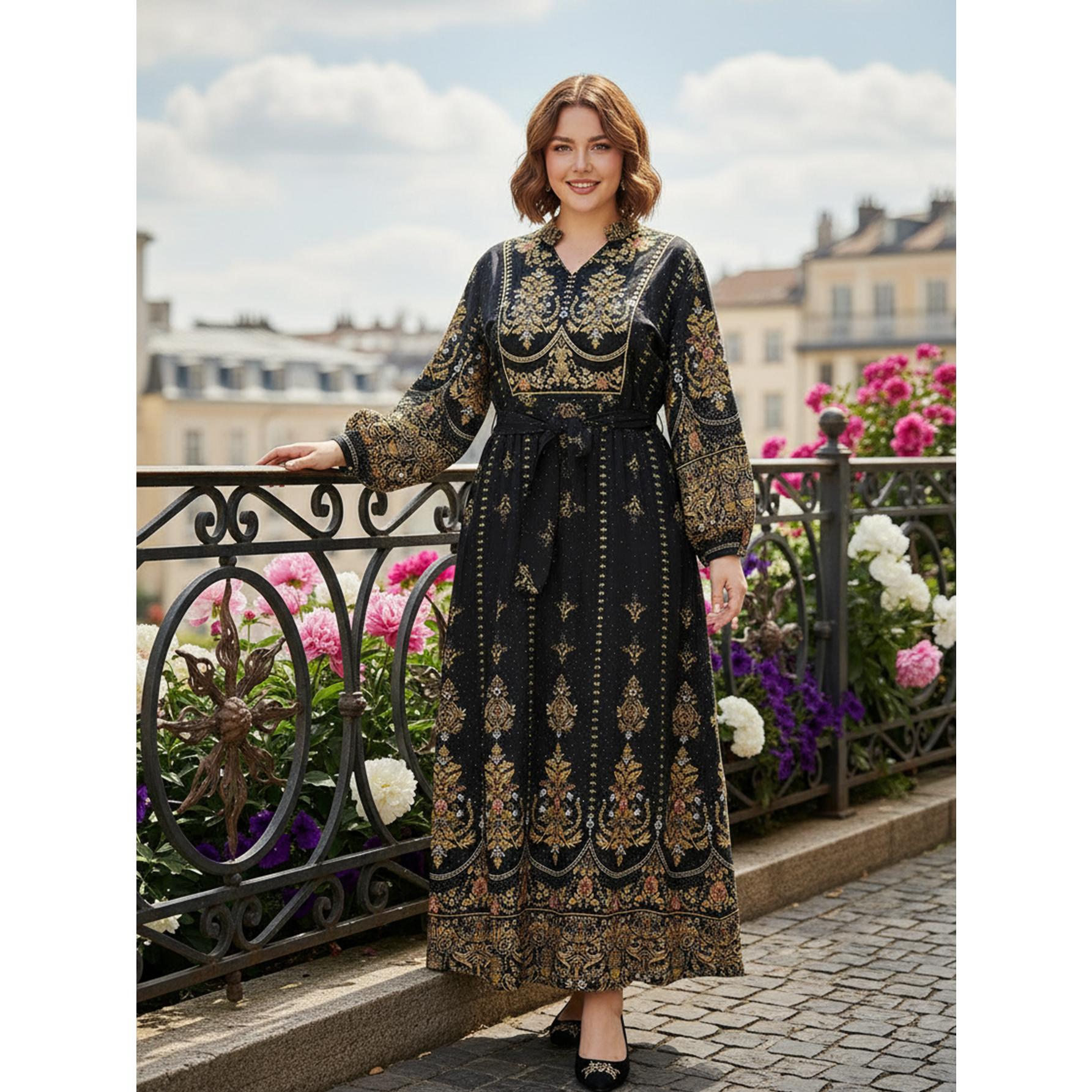 Luxury Gold & Black Baroque Maxi Dress Elegant Belted Boho Gown | Size Inclusive S-4XL | Perfect for Wedding Guest, Evening Gala, Cruise & Vacation