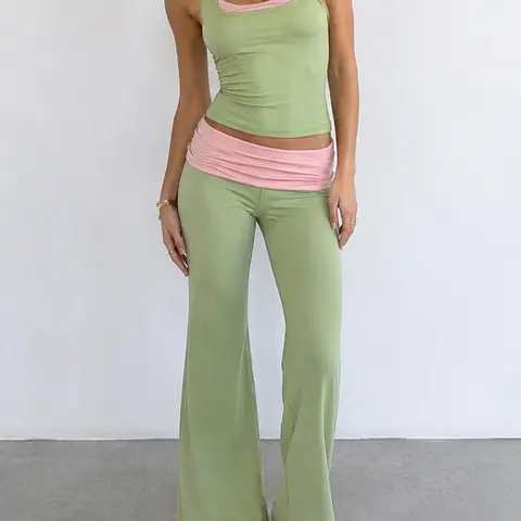 Women's Colorblock 2-Piece Casual Lounge Set, Summer Halter Vest and Long Flared Pants, Comfortable Bodycon Knit Outfit for Daily Wear and Streetwear