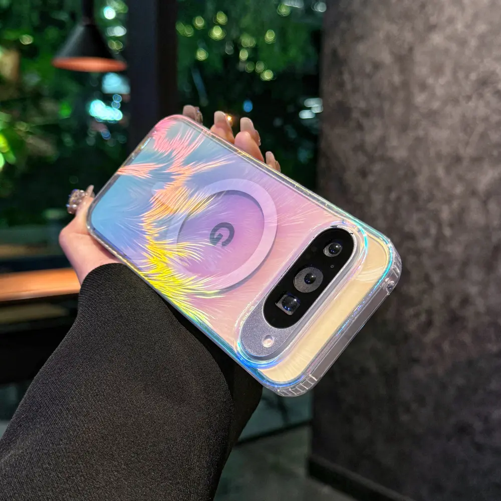 Compatible with Pixel 11 Pro XL, 10, 9, Color Plated Feather Pattern Magnetic Shockproof Protective Phone Case, Iridescent Laser Texture Design HNZ0342