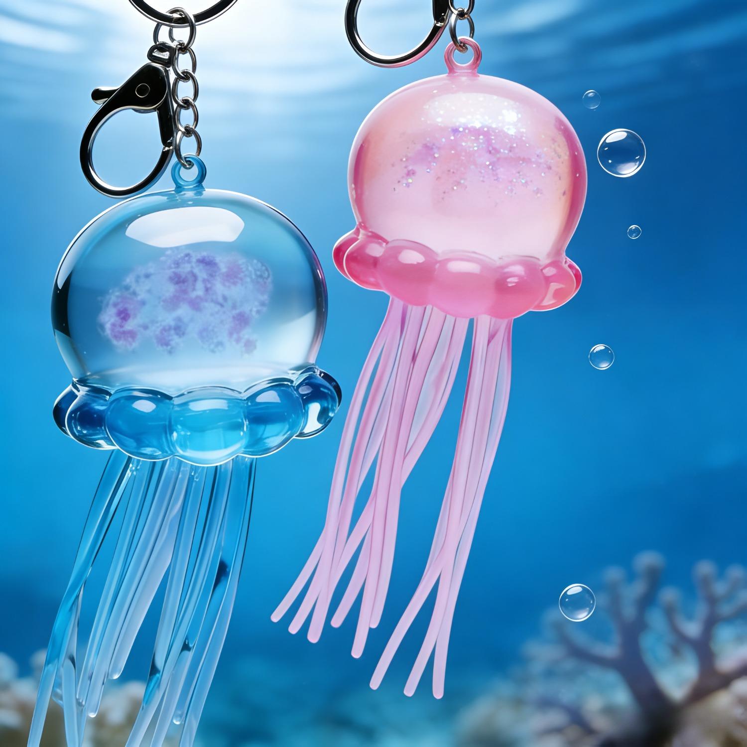 Adult-Style Transparent Blue Glitter Jellyfish Squeeze Keychains - Cute, Stress-Relieving Squeeze Fidget Keychains - Portable Hanging Accessories, Ideal for Bag Charms and Car Key Decorations