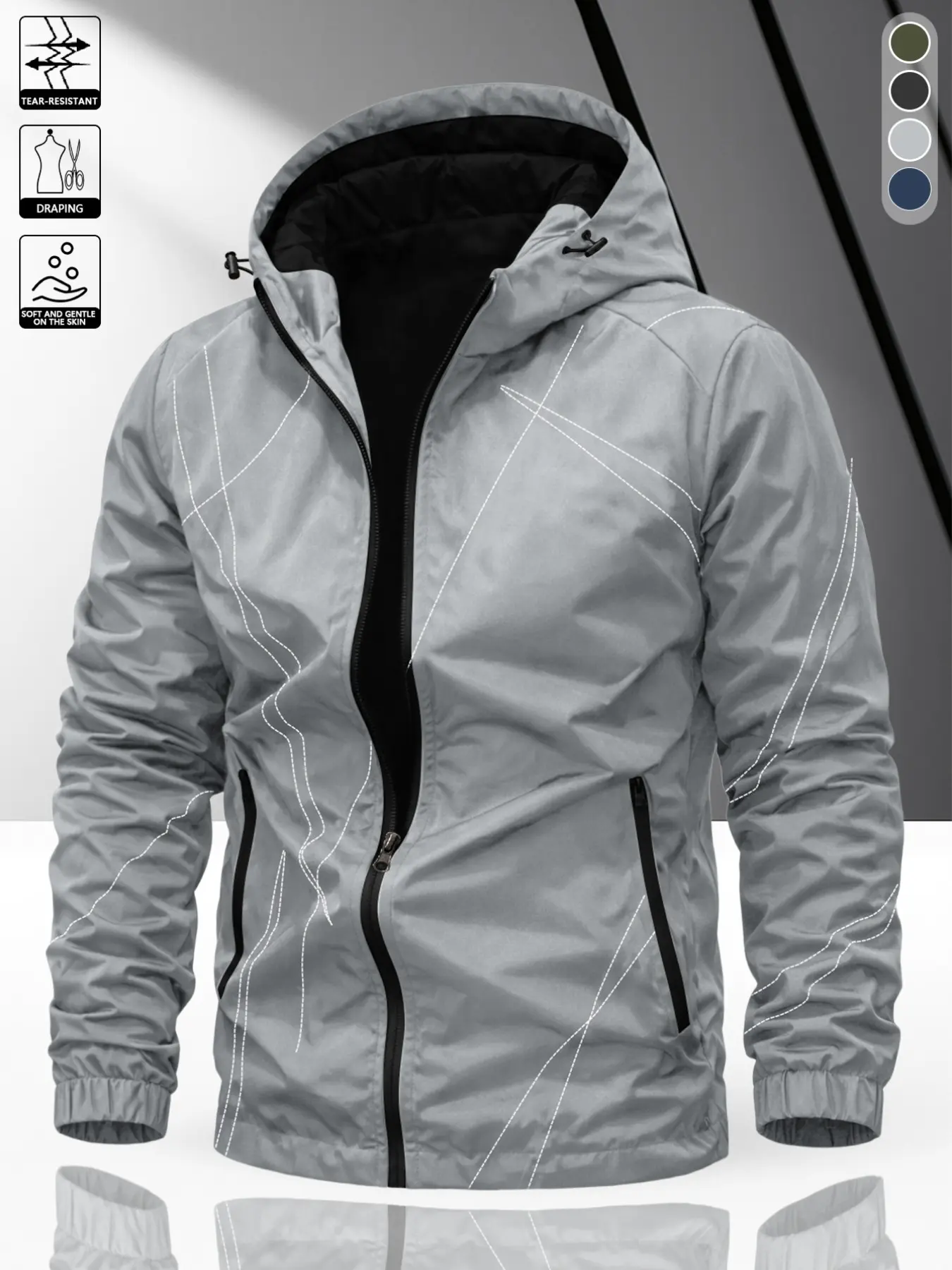American Style Hooded Zipper Jacket, Body with Stitching, Loose Fit Long Sleeve, Casual Streetwear Outerwear