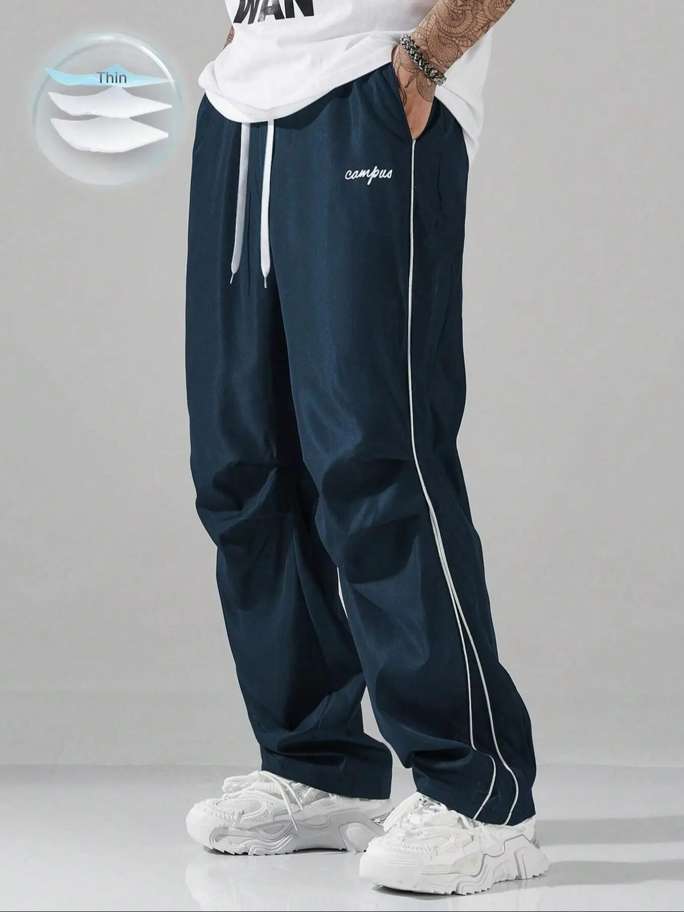 Vintage Two-Bar Casual Pants for Men, Loose Drawstring Wide Leg Paratrooper Pants, Versatile Trendy Long Pants
