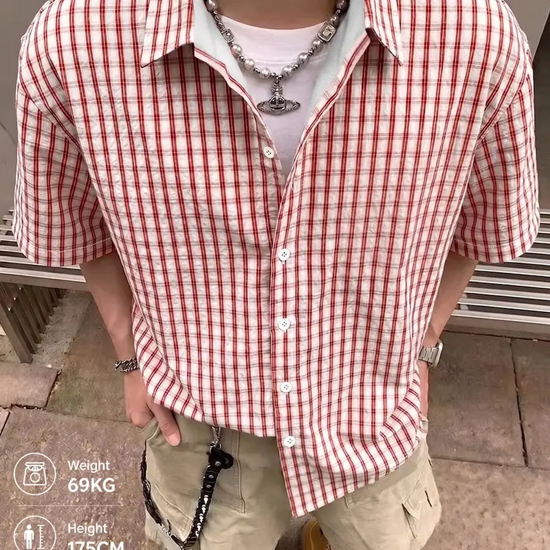 American Vintage Plaid Checked Short Sleeve Shirt, Japanese City Boy Style, Loose Fit Casual Top, Comfortable Shirt for Daily Wear, Menswear