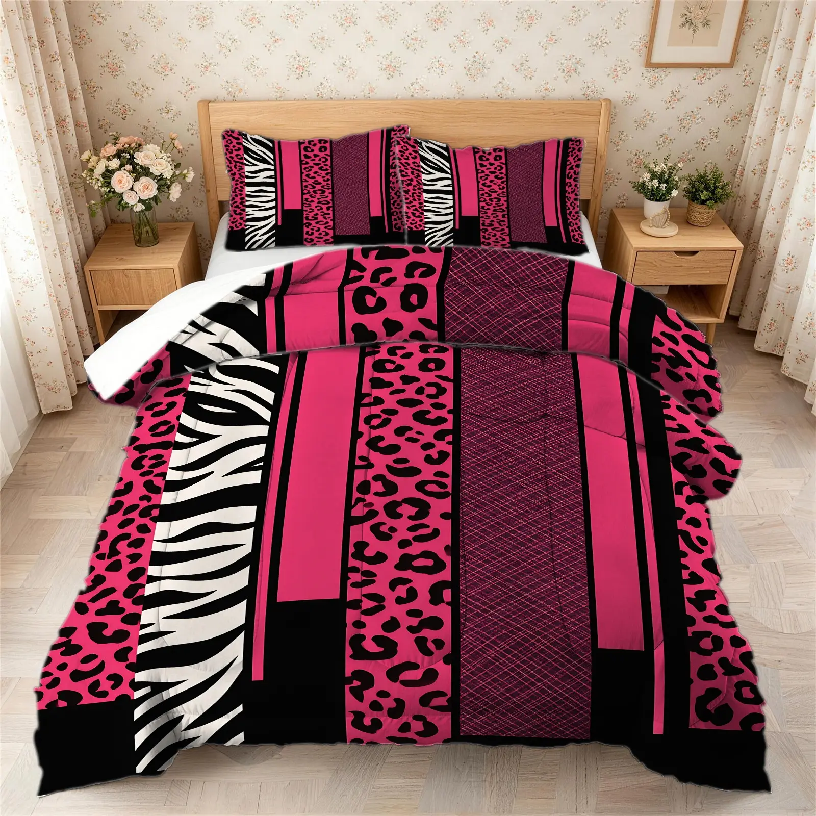2/3Pcs Bold Hot Pink Zebra Leopard Patchwork Digital Print Comforter Set, Soft Microfiber Printed Bedding Set with Pillowcase, All Season Lightweight Quilt, Trendy Aesthetic Bed Set for Teen Girls Bedroom Dorm Home Decor