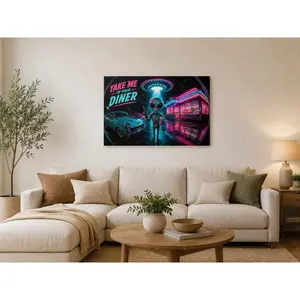 Neon Alien Poster, Futuristic Night Artwork, Space Sci-Fi Wall Art, Living Room Decor, Bedroom Canvas Print, Teen Room Poster, Modern Aesthetic Home Decoration, Office Wall Art,wall decor,poster.
