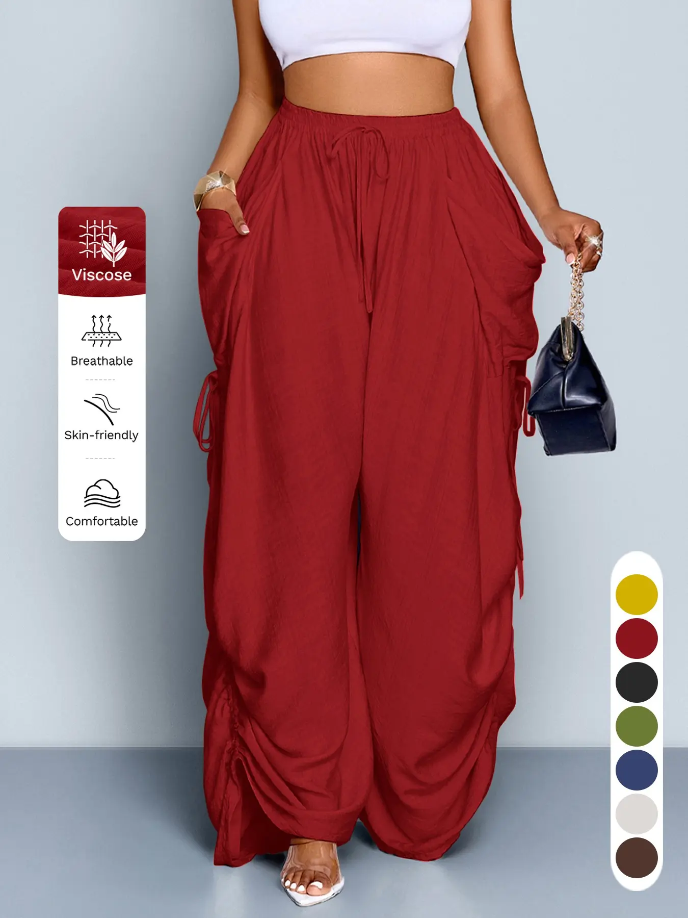 Women's Summer Solid Wide Leg Trousers, High-Waist Cargo Pants with Large Pockets, Adjustable Side Drawstrings, Lightweight Full-Length Pants for Commuting, Vacation & Daily Wear