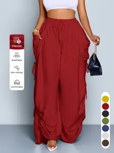 Women's Cargo Pants Summer Solid Casual Wide Leg Trousers High-Waist,Large Pockets,Side Drawstrings,Lightweight Full-Length Pants,Commuting Vacation Daily Wear Female Pants Clothing