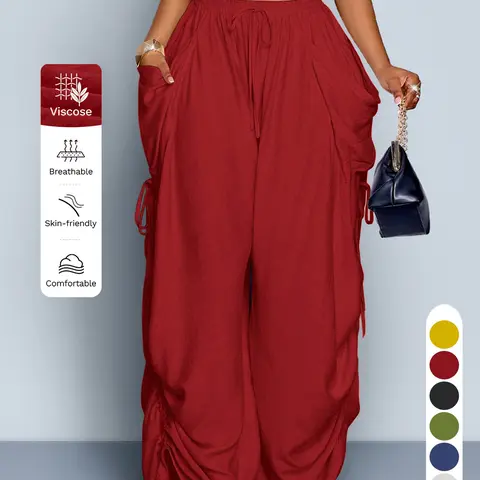 Solid Color Women Wide Leg Trousers Elastic Waist Loose Fit With Pockets, Casual for Work and Daily Wear for All Season Wear, Breathable Palazzo Pants