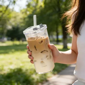 Square Glass Cup Set with Leak-Proof Lid and Straw, Reusable Coffee Mug, Heat Resistant Single Layer Juice Cup, Tumbler, Home Use
