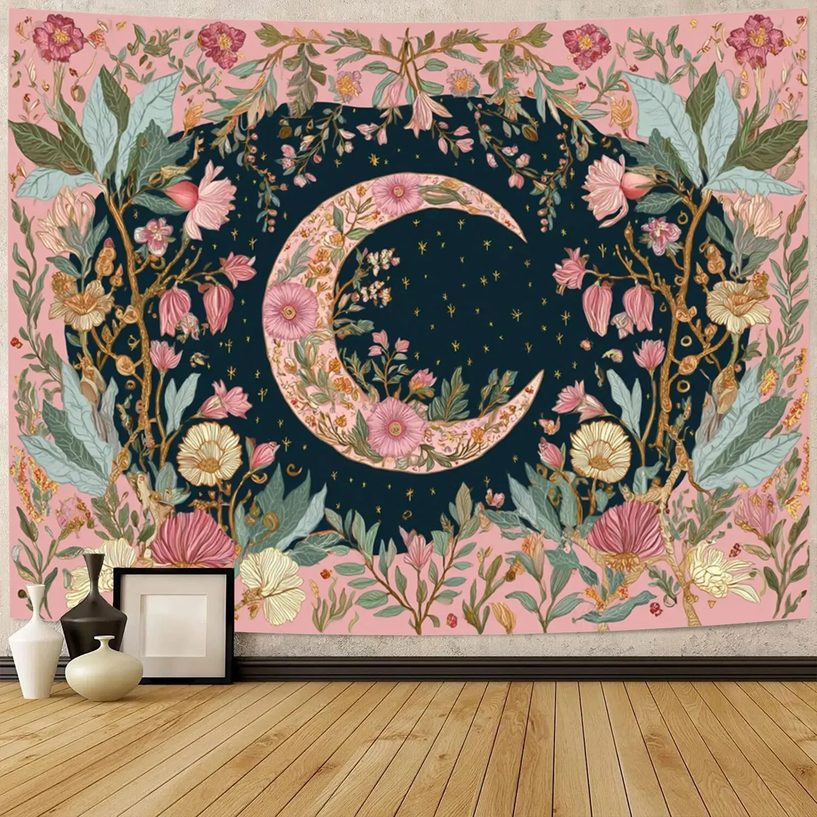 Celestial Boho Tapestry Wall Hanging with Sun Moon & Pink Floral Dream Crescent, Vintage Aesthetic Room Decor for Bedroom, Dorm, Living Room, Yoga Studio, Party Celebration Backdrop, Soft Wrinkle-Free Fabric, Dreamy Gift for Girls