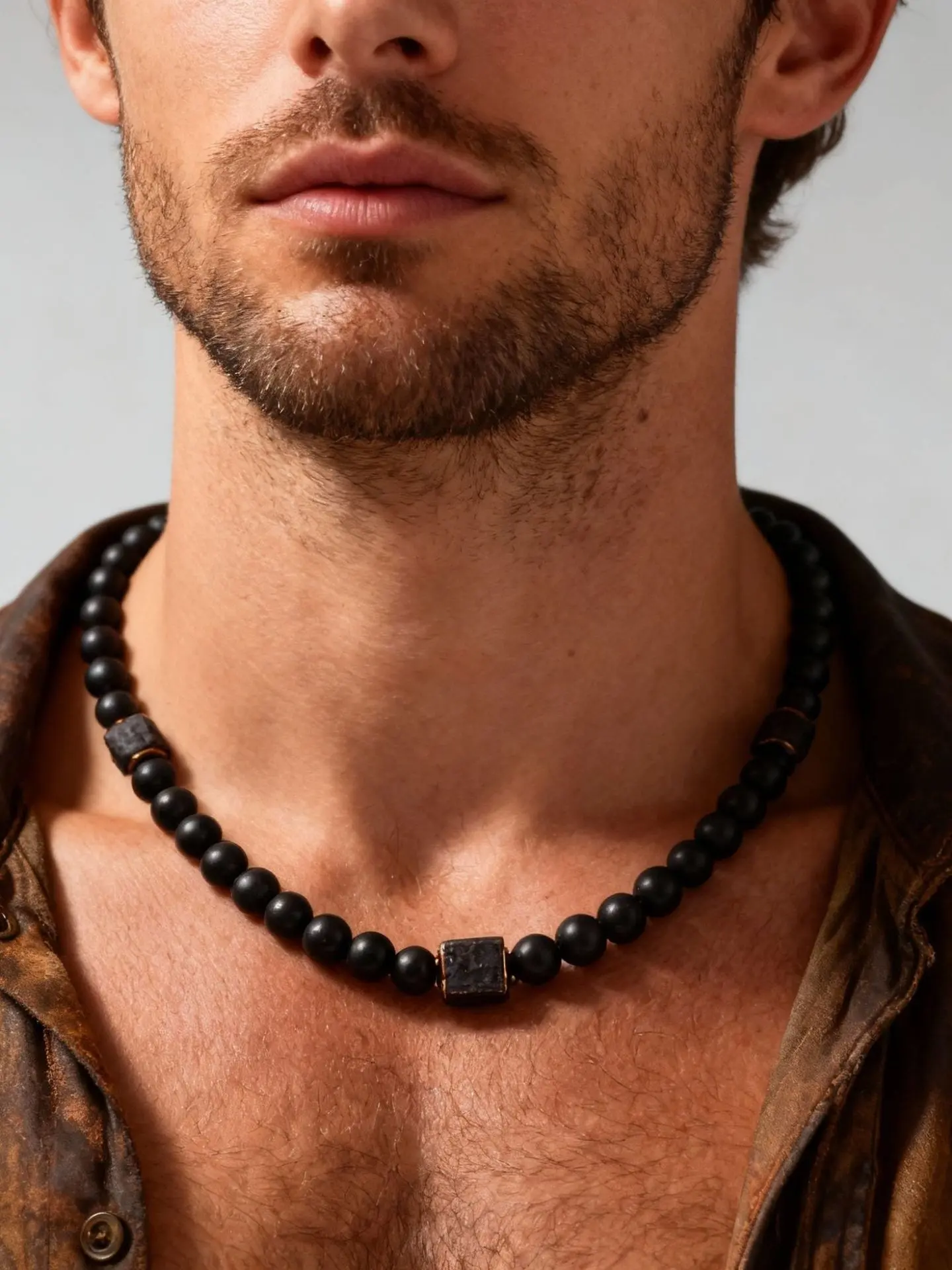 Men's Industrial Beaded Necklace, Volcanic Rock& Matte Glass, Confidence & Grounding Jewelry,Stylish Accessory for Everyday.deal for streetwear,biker, minimalist, and modern masculineaesthetics, elevating any casual or edgy outfit.
