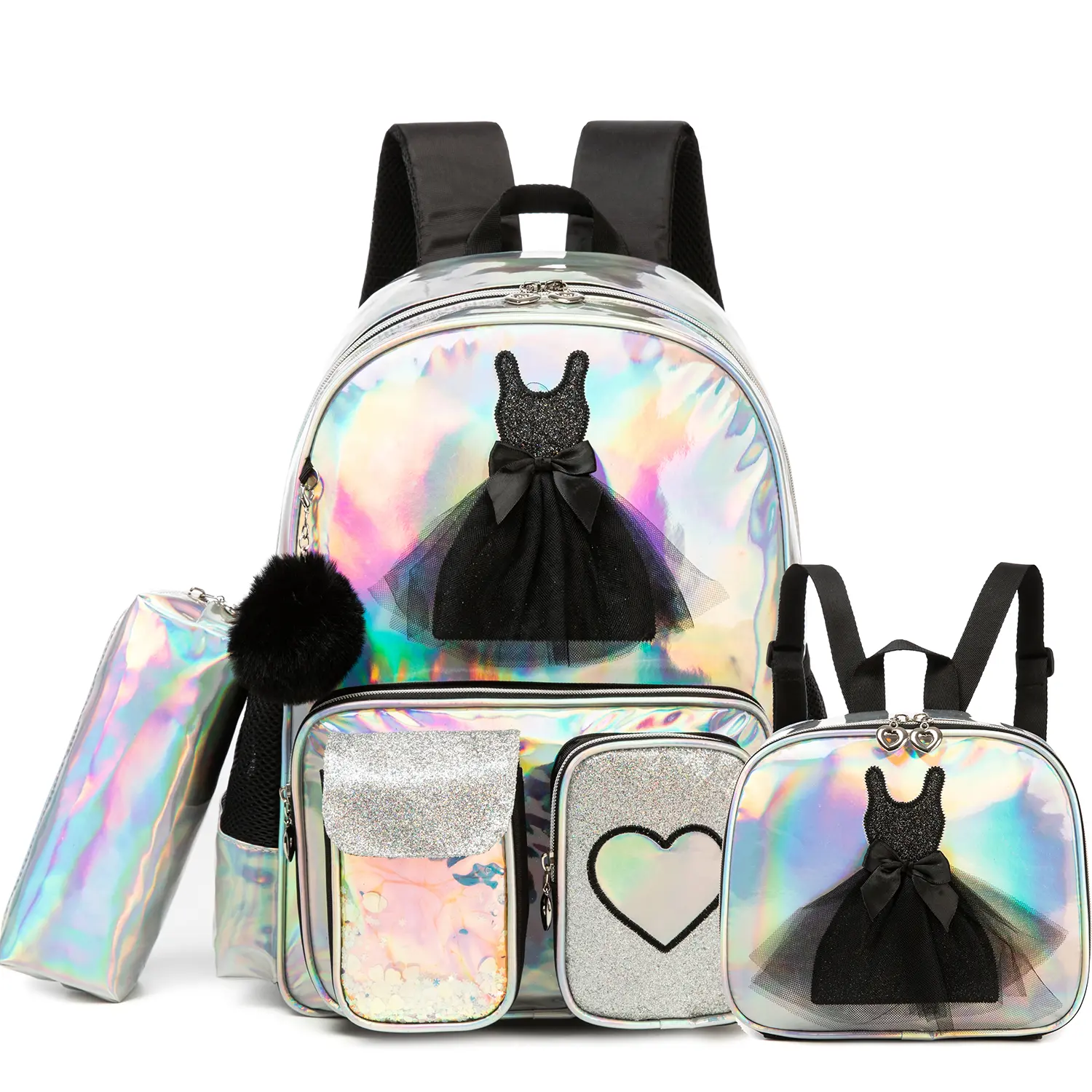 Holographic Ballerina Dress Backpack 3pcs Set for Girls | 3D Black Tulle Dress Iridescent School Bag with Lunch Box & Pencil Case | Metallic Y2K Kids Bookbag 2026