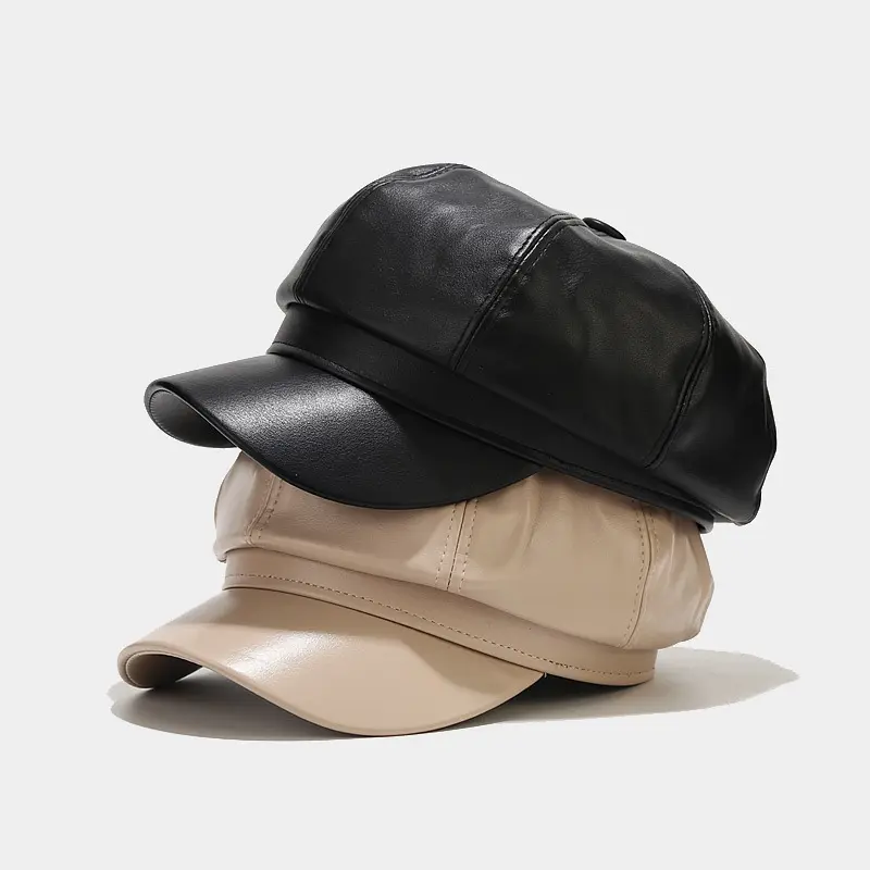 Women's Vintage Faux Leather 8-Panel Newsboy Hat - Solid Plain Retro Cabbie Cap with Visor, Soft PU Leather Bonnet for Female Autumn Winter Casual Gift (Black, Beige), For Women, 8 Panel Cabbie Visor, Baker Boy