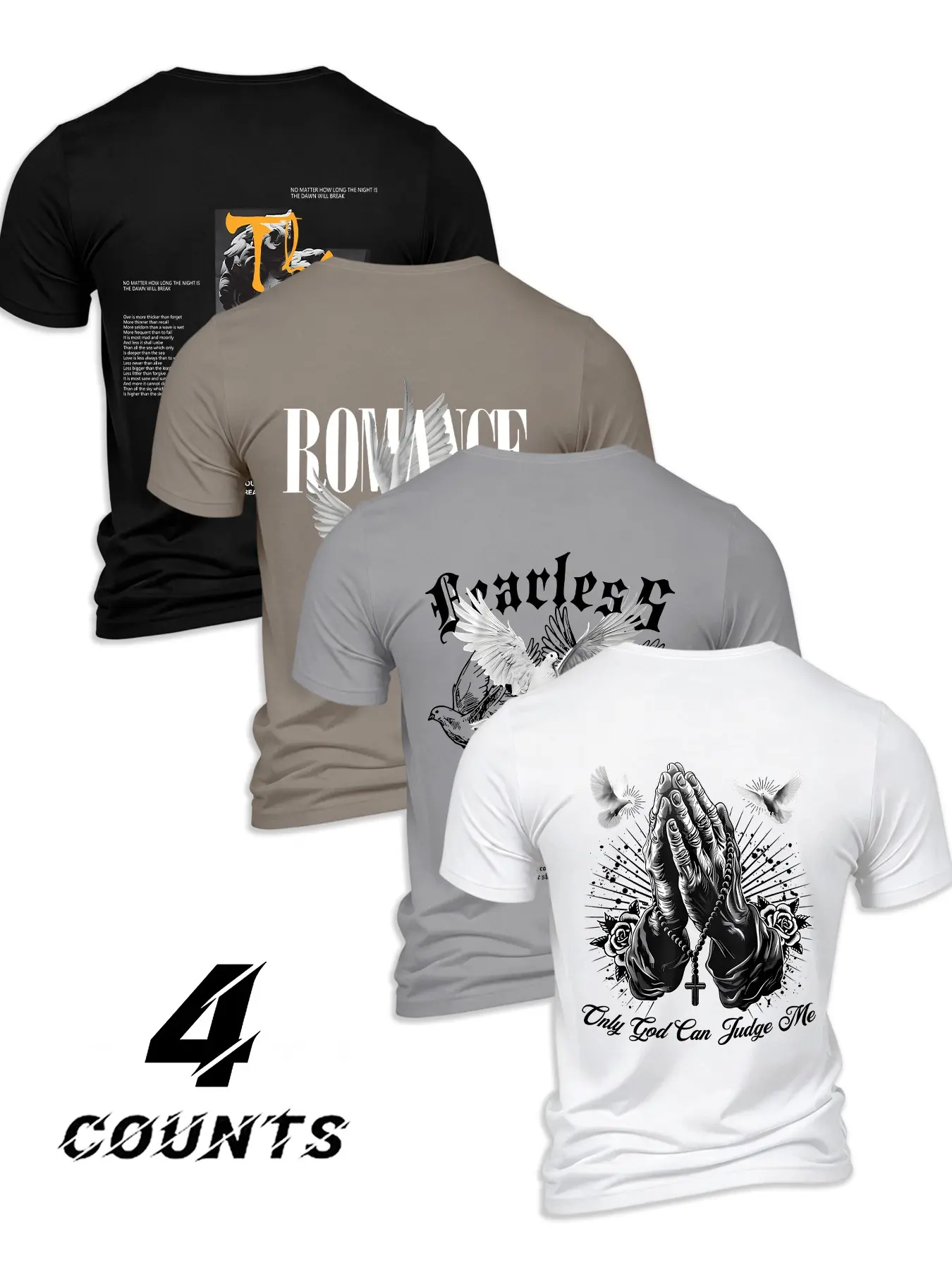 Men's 4-Pack American Religious Dove Vintage Print Short Sleeve T-Shirts, Streetwear Casual Loose Fit Round Neck, Breathable Daily Wear Tops