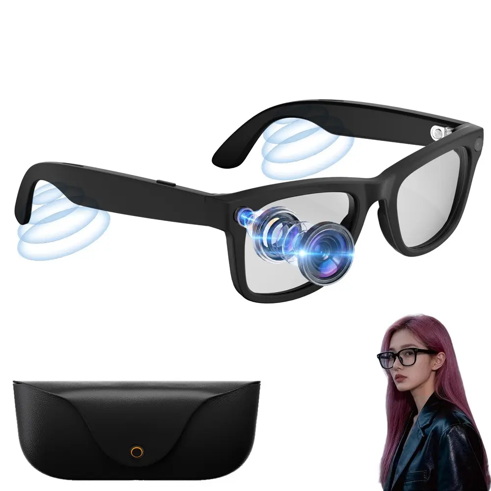 Bluetooth  AI Smart Audio Glasses with Camera&Charging Case,8MP Camera, TR90 Frame+Metal Hinge, 2GB Memory , Photo Video Shooting, Audio Recording, 300Mah Battery, IP65 Waterproof, AI Translation, Bluetooth Call, Music Playback ,2 Lenses Total