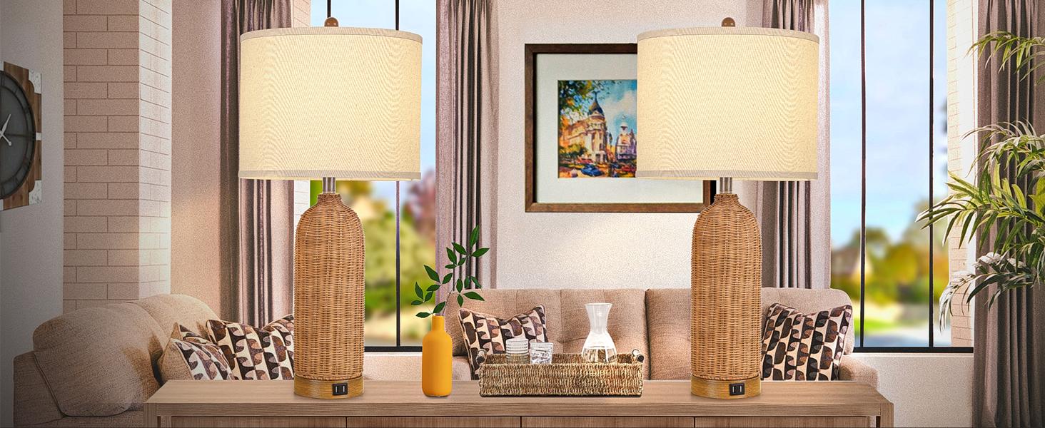 Set of 2 Rattan Table Lamps with 2 USB Ports, 29'' Tall Farmhouse Lamp for Living Room, Bedroom, Office, Vintage Brown Desk Nightstand Lamps with Oatmeal Fabric Linen Shade, Large Size