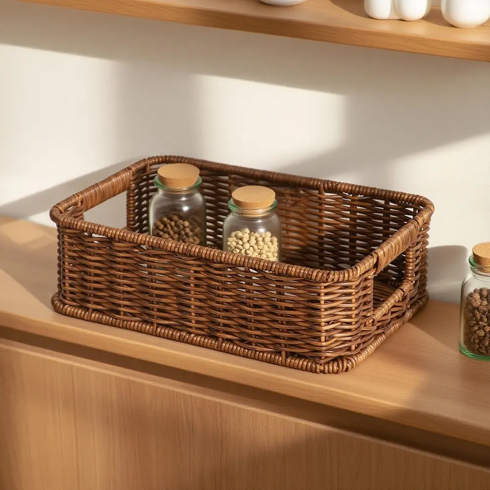 Vintage Deep Imitation Woven Plastic Storage Basket, Rectangular Side Handle Weaving Tray, Cabinet Drawer Book Snack Desktop Organizer, Pantry Baskets
