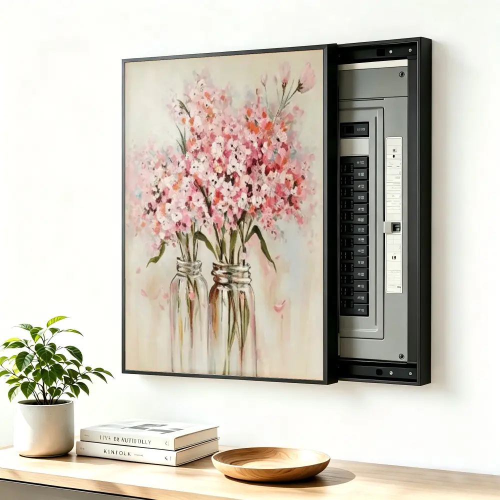 ElectricalPanel Cover Decorative Breaker Box Cover Fuse Box Cover Pink Flowers In Glass Jars Aluminum Alloy Frame With High Quality Canvas, LivingRoom Home Office