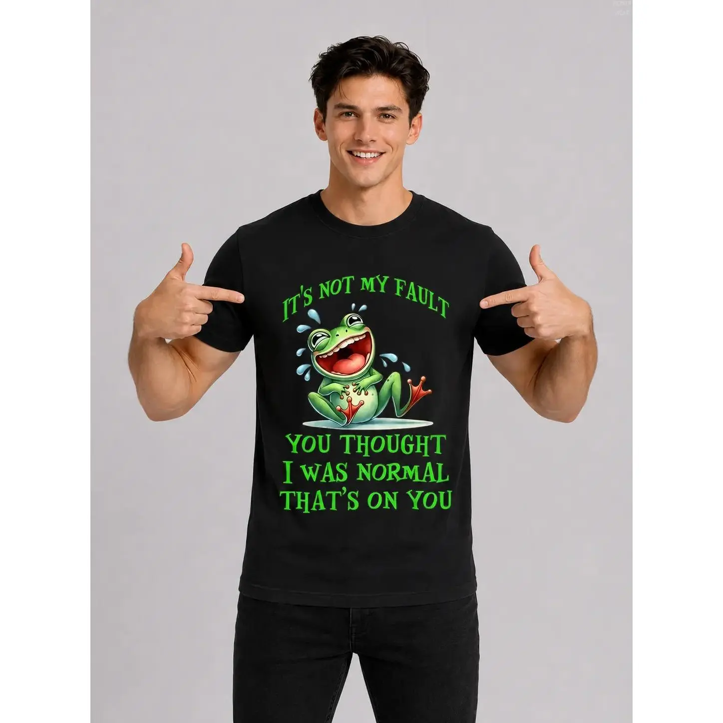 Funny Frog T-Shirt for Men & Women - "It'S Not My Fault You Thought I Was Normal" Slogan with Smiling Green Frog & Poison Dart Design,  Soft Crewneck Retro Graphic Tee, Casual Regular Fit Black Shirt with Vibrant Green Print
