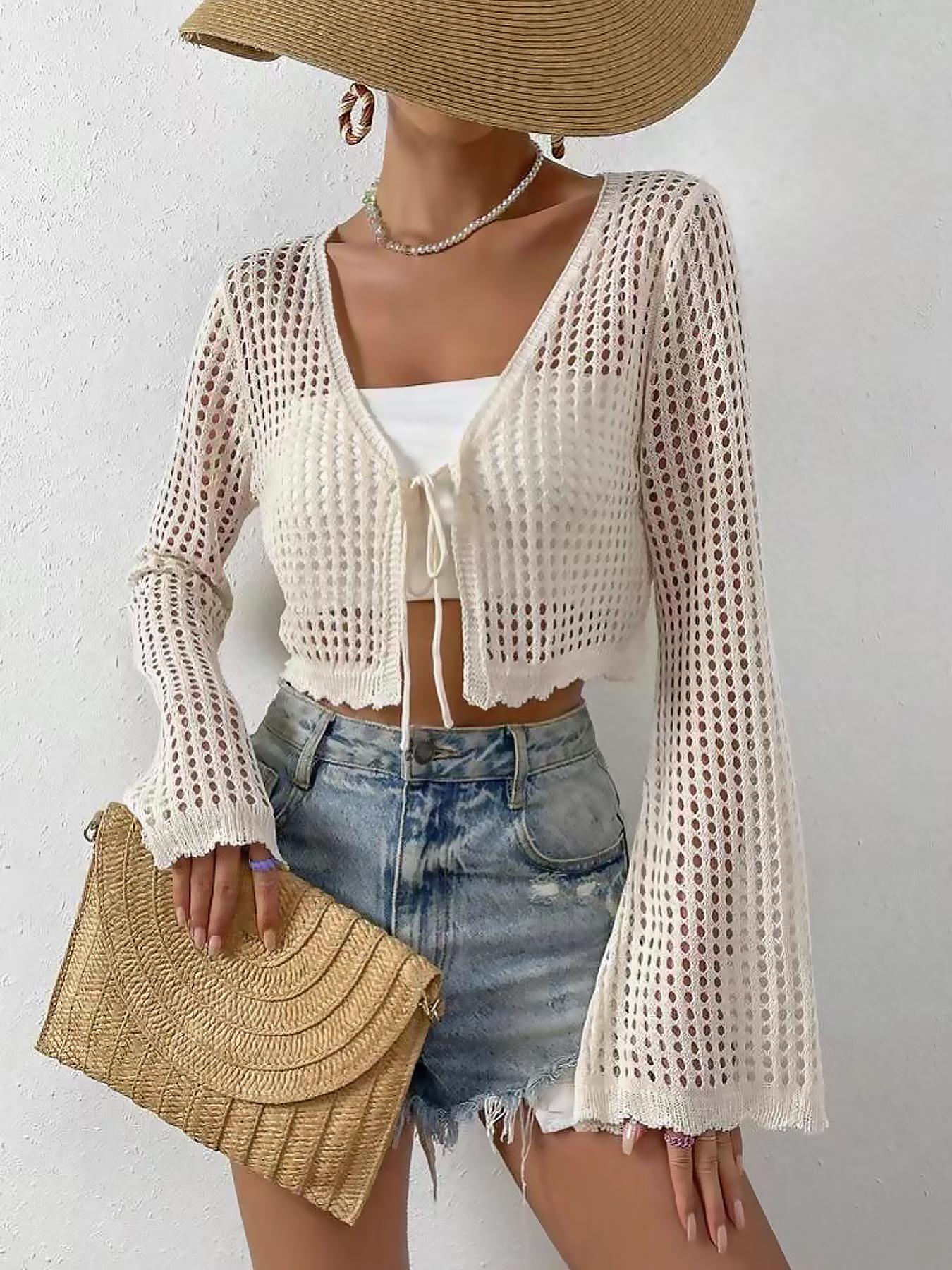Women's Plain Hollow Out Tie Front Crop Cardigan, Casual Flounce Sleeve V Neck Cover Up Knitwear Tops for Spring & Fall, Summer Outfits 2024, Women's Knit Clothing for Daily Wear Women's Plain Hollow Out Tie Front Crop Cardigan, Casual Flounce Sleeve V Neck Cover Up Knitwear Tops for Spring & Fall, Summer Outfits 2024, Women's Knit Clothing for Daily Wear
