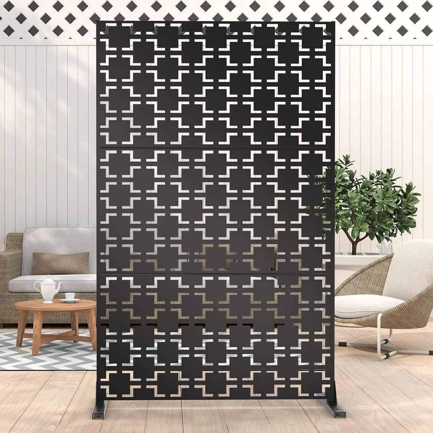 6FT Outdoor Metal  Screen – Decorative  Fence and Room/Garden Divider, Weather-Resistant Freestanding Panel with Stand, Durable Steel for Patio, Garden, Balcony, or Backyard