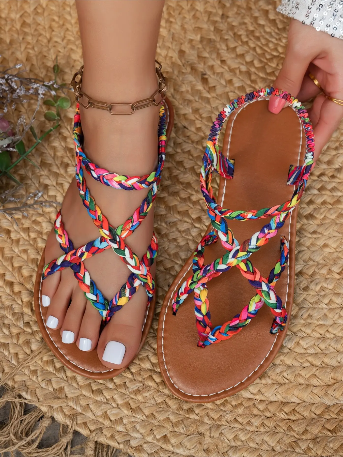 1 Pair Colorful Braided Strap Thong Flat Sandals for Women, Stretch Ankle Wrap Soft Non-Slip Sole, Boho Vacation Style Versatile Casual Sandals for Beach, Travel and Daily Shopping, Bohemian Trendy Sandals, Boho Shoes
