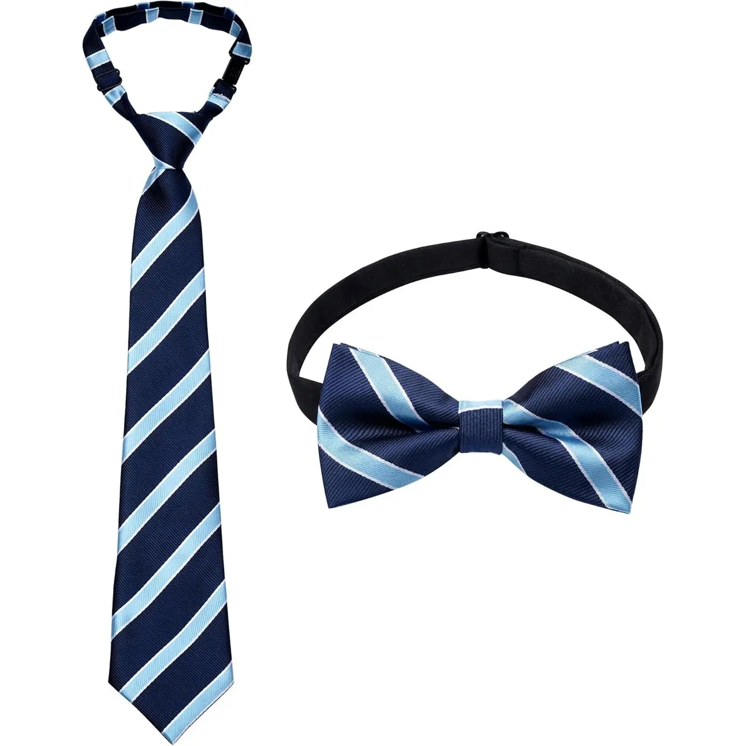 2Pcs Boys Pre-Tied Tie & Bow Tie Set - Adjustable Stripe Necktie & Bowtie for Kids, School Uniform & Formal Wear