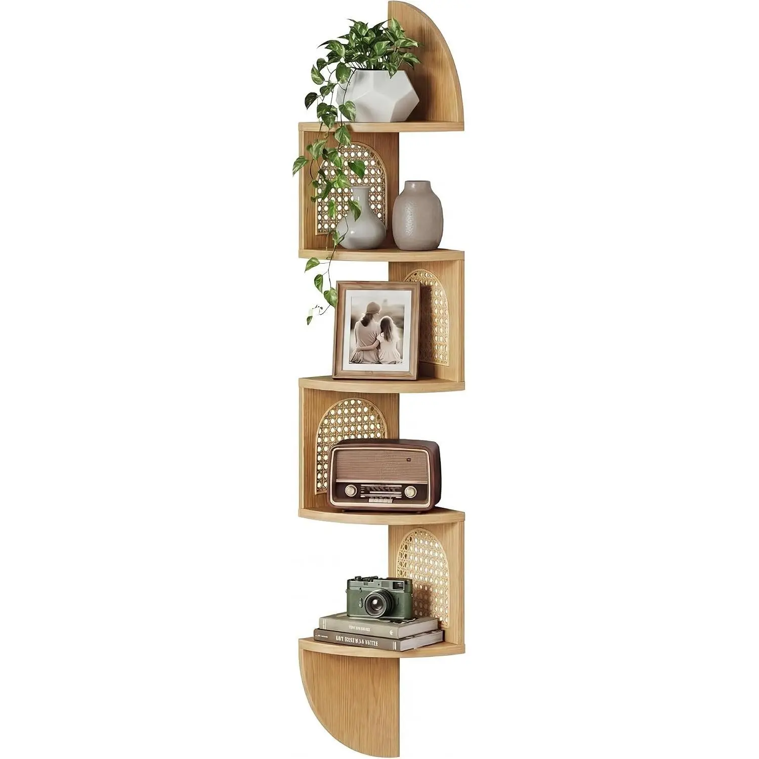 5-Tier Floating Corner Shelves for Wall, Zigzag Corner Shelf Unit, PVC Rattan Sides, Space-Saving, for Kitchen, Living Room, Bedroom, Boho Style, Oak Beige