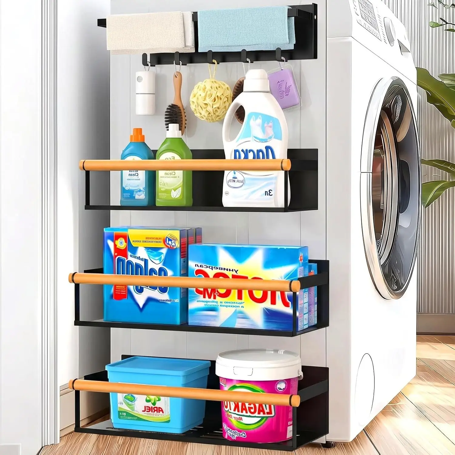 4 Pack Powerful Magnetic Shelves for Washing Machine and Fridge with Magnetic Hooks, Storage Organizer for Laundry Room Kitchen BathroomGift