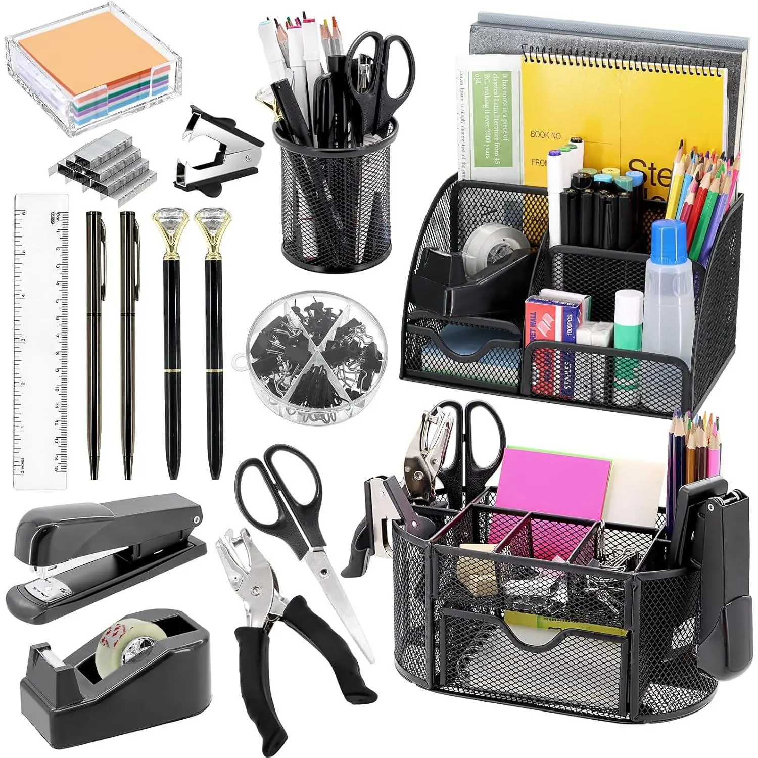 High-Quality Metal Desk Organizer Set (17-Piece Black) - Includes 3 Desk Storage Tools, 4 Pens, Stapler, Staples, Staple Remover, Tape, Tape Dispenser, Scissors, Ruler, Folder, Hole Punch - Durable, Essential for Students and Office Workers, Back-To-Schoo