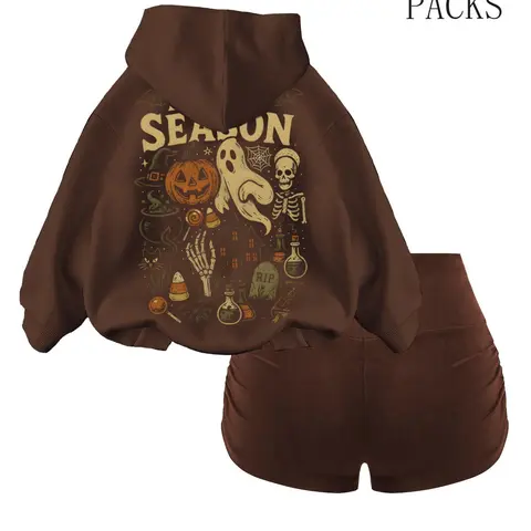 Women's Halloween Two-Piece Set, Loose Hoodie with Bat Print, High-Waisted Pleated Shorts, Soft Fabric, Perfect for Parties and Casual Outing, Clothes