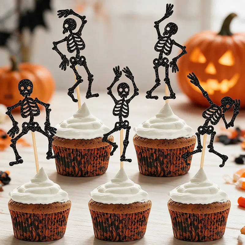 25pcs Halloween Skull Cupcake Toppers Happy Halloween Theme Skull Dance Cupcake Picks Shower & Birthday Party Decorations Cake Decorating Supplies