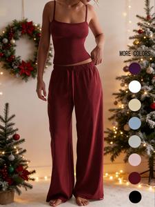 two-piece set women's solid color cami top & pants, casual sleeveless top & pants for daily wear, ladies summer clothes, leisure wear top