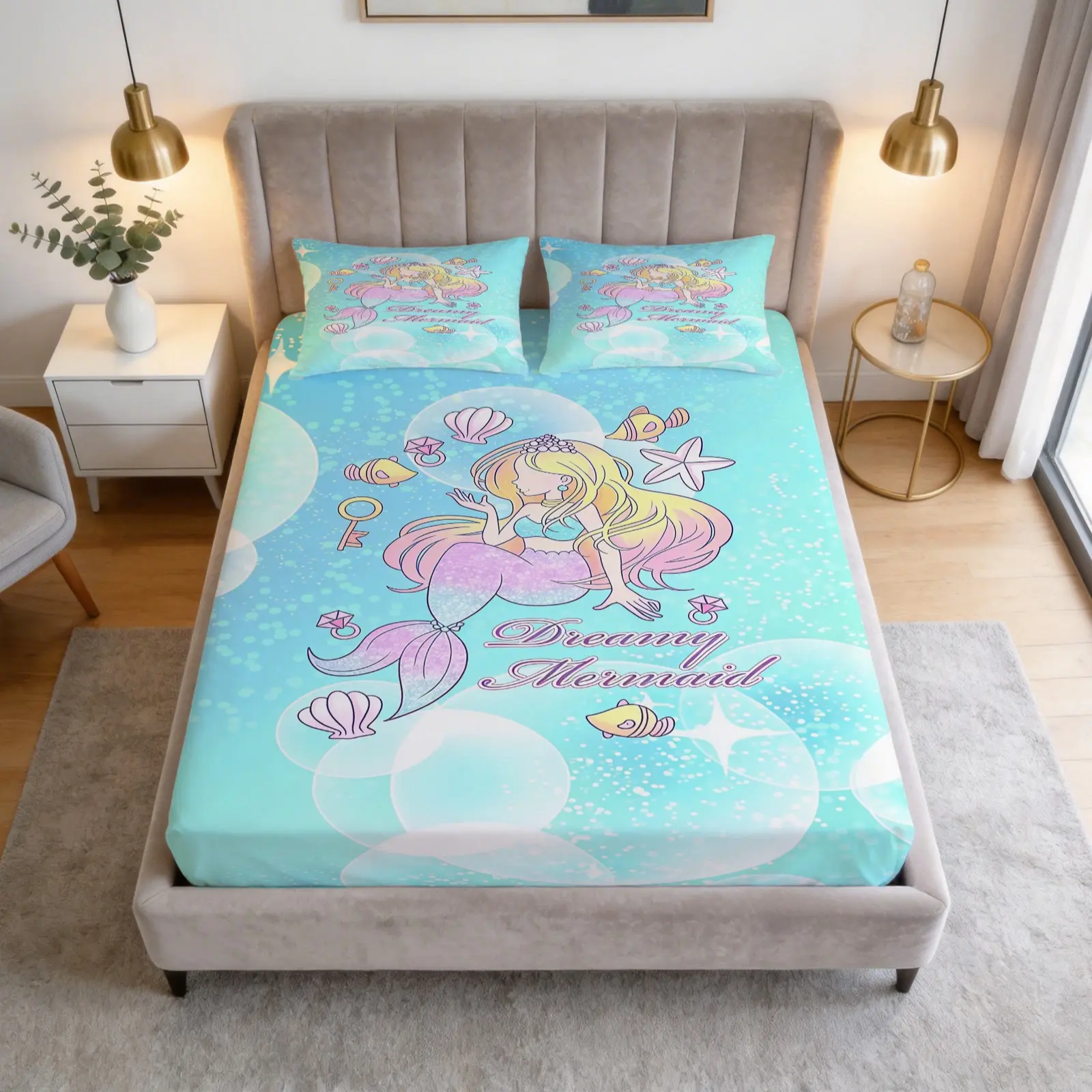 Cartoon Mermaid Print Pattern Bed Sheet Set, 1 Bed Sheet With 2 Pillowcases (Excluding Pillow Core), Available In Multiple Colors, Suitable For Bedrooms, Dormitories, And Guest Rooms, Suitable As Gifts And Decorations